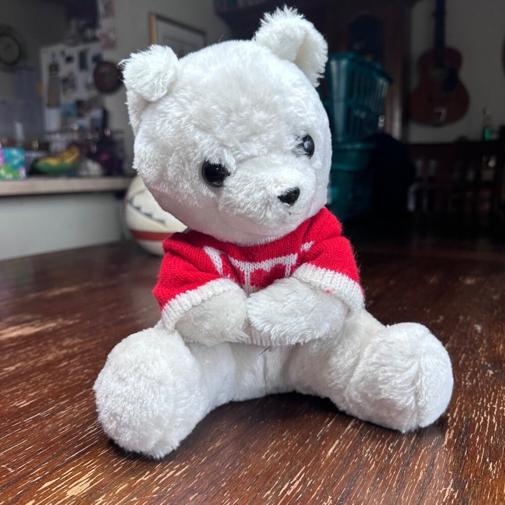 Vintage 1977 R. Dakin & Co White Teddy Bear With Red Heart Sweater